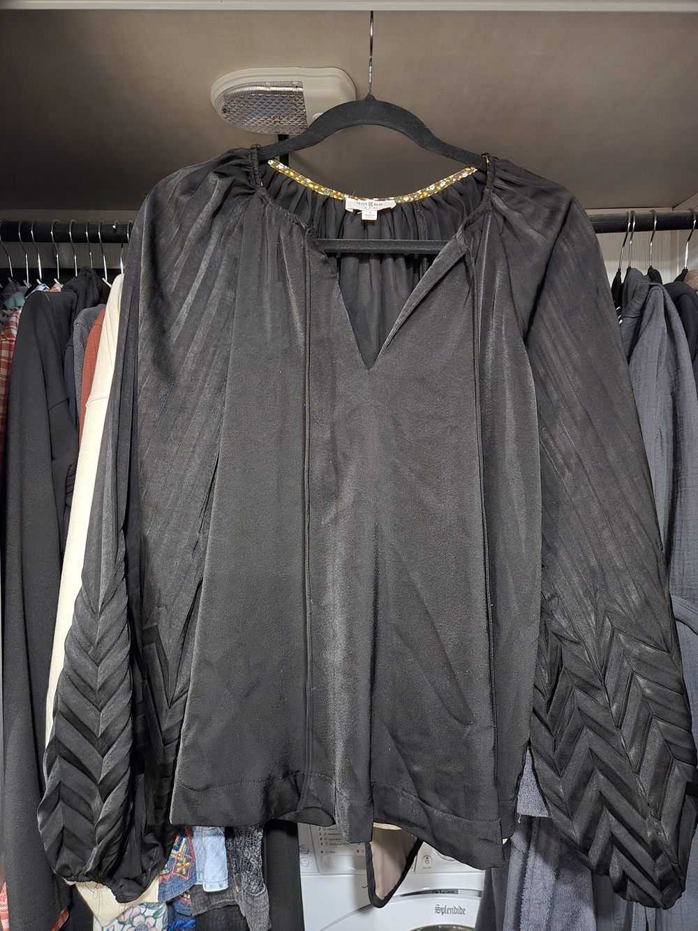 Umgee Black Pleated Long Sleeve Blouse with Beaded Neckline